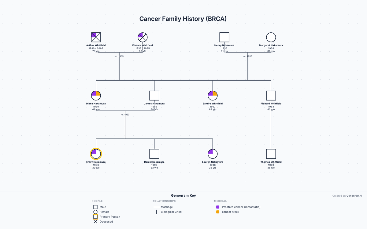 Medical genogram example: BRCA cancer family history genogram